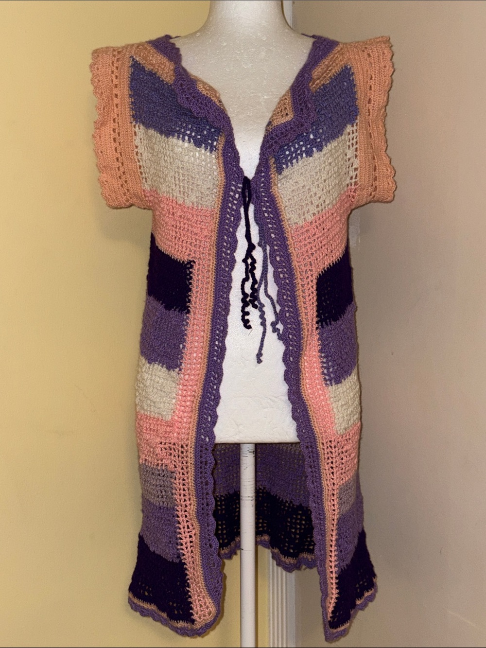 VTG Handmade Colorblock Crochet Open-Front Cardigan Vest in Purple & Peach S